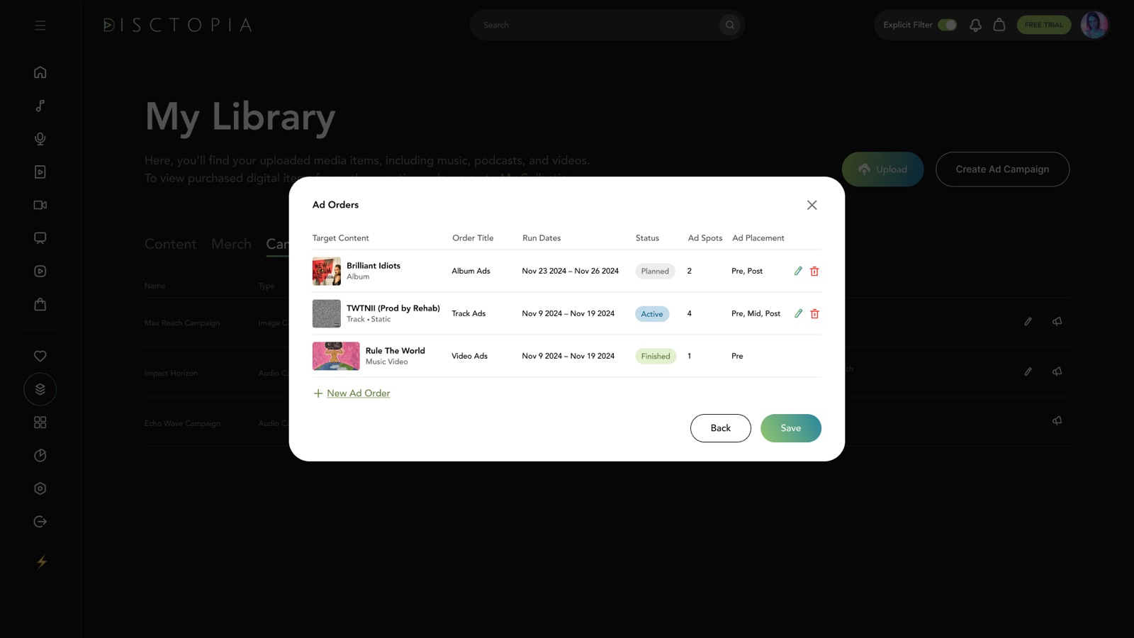 Place ad orders within Disctopia content