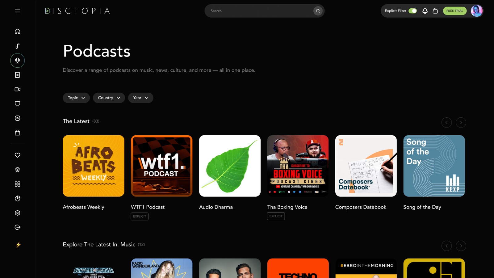 Disctopia podcasts dashboard — episode library, RSS distribution, and analytics