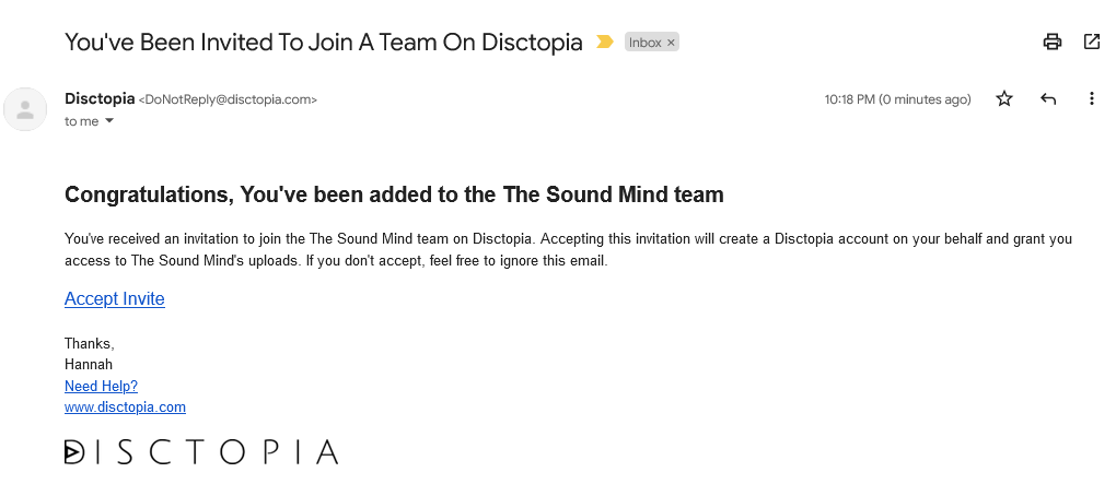 Disctopia Team Management Invitation